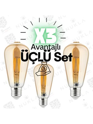 Grafen Rustik Ampül, Armut Model ST64, Dekoratif Ampül 3'lü set