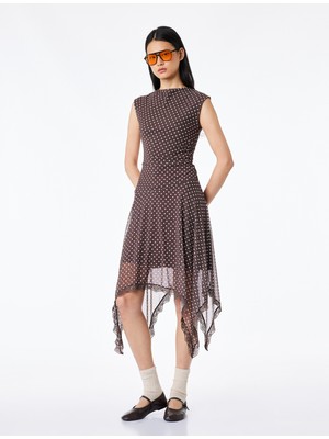 Koton Kolsuz Bisiklet Yaka Büzgülü Asimetrik Midi Puantiyeli Tül Elbise