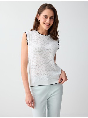 Jimmy Key Beyaz Bisiklet Yaka Kolsuz Desenli Triko Bluz