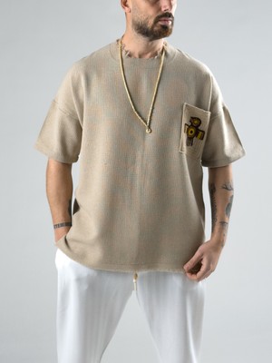 Cocopelli Desenli Cep Detaylı Kahverengi Bohem T-Shirt COC2982