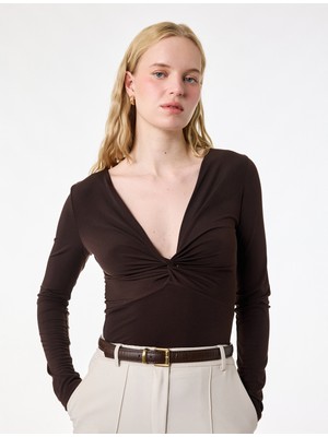 Koton Sandy Kumaş Slim Fit Uzun Kollu Düğüm Detaylı V Yaka Tişört