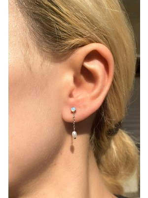Spossy Silver Jewelry Opal Taşlı, Incili Sallantılı Minimal Küpe