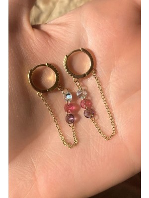 Spossy Silver Jewelry Renkli Taşlı, Sallantılı Minimal Halka Küpe