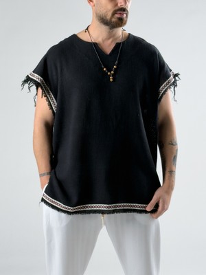 Cocopelli Şerit Detaylı Siyah Erkek Bohem T-Shirt COC2967