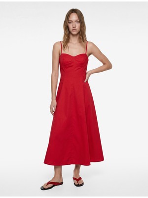 Koton Slim Fit Kalp Yaka Kolsuz Pamuklu Ip Askılı Volanlı Poplin Uzun Elbise