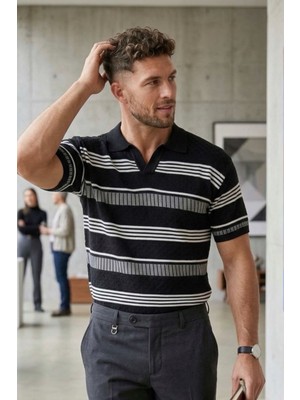 Zueofficial Erkek Siyah Çizgili Polo Yaka Kısa Kollu Triko Tişört