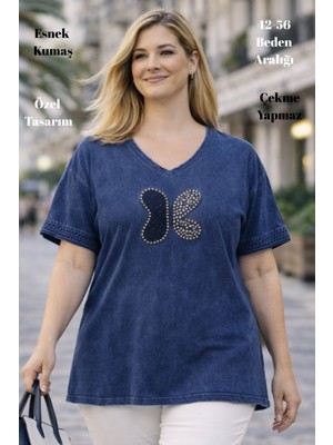 XCEDY Cedy - Kadın Özel Tasarım Esnek, Pul Payet, Dantel Detaylı Yıkamalı V Yaka Büyük Beden Tişört