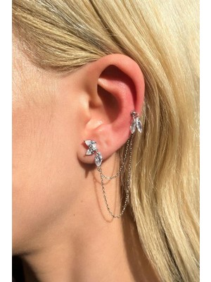 Spossy Silver Jewelry 2li, Sallantılı Taşlı Zincir Küpe