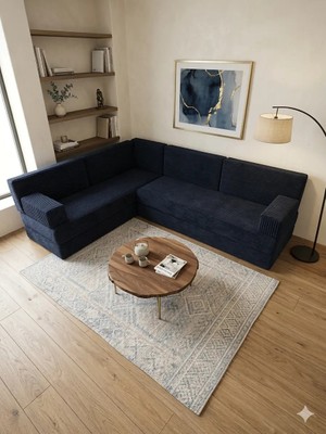 Bakırözü Home Premium Kadife Kumaş, Konforlu Yer Kanepesi ,modüler Şark Köşesi Takımı - Lacivert - 40 Cm- L Set