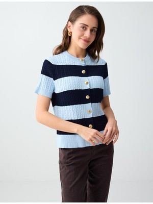 Jimmy Key Lacivert Bisiklet Yaka Kısa Kollu Çizgi Desenli Triko Hırka