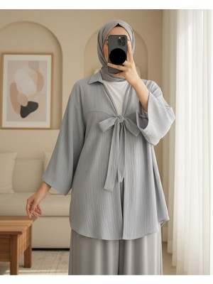 Modamorfo Önden Bağlamalı Krınkıl Kimono  -Gri