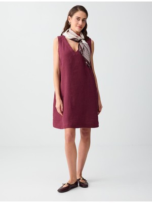 Jimmy Key Bordo %100 Keten V Yaka Kolsuz Basic Mini Elbise