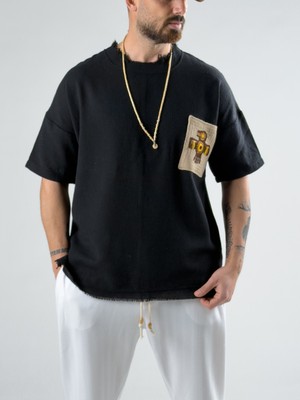 Cocopelli Desenli Cep Detaylı Siyah Bohem T-Shirt COC2983