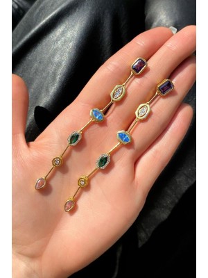 Spossy Silver Jewelry Renkli Baget Taşlı Sallantılı Küpe