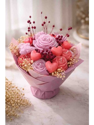 Bead El Yapımı Mum Çiçek Aranjmanı | Pembe & Mor Dekoratif Kokulu Mum Buketi | Özel Gün Hediyesi