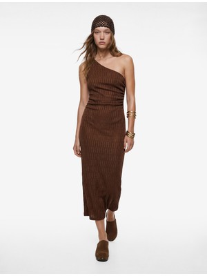 Koton Tek Omuz Kolsuz Slim Fit Bürümcük Uzun Elbise