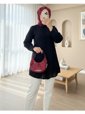 Modamorfo Yakası ve Kolu Dantelli Top Düğmeli Astarlı Gömlek -Siyah