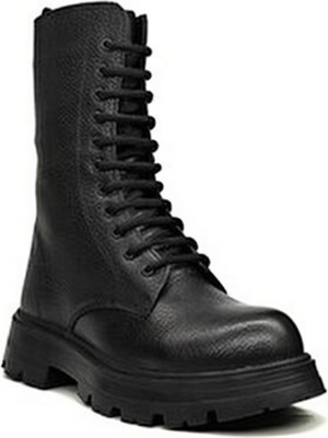 Kadın Deri Siyah Uzun Postal Bot Düz Topuklu Bağcıklı Modeli Konforlu Tasarım