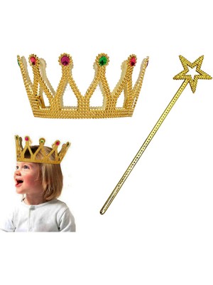 Çuk Boy Kraliçe Prenses Tacı ve Yıldız Peri Asası Altın Renk