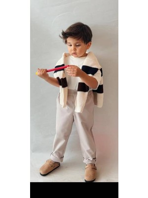 Unicorn Trend Çocuk Çizgili Yarım Fermuarlı Triko Kazak ve Bej Gabardin Pantolon Alt Üst Takım