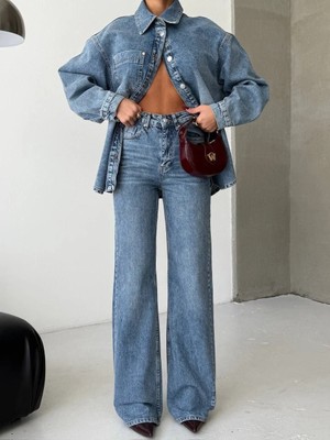 Herton Kadın Yıkamalı Denim Takım - Oversize Kot Gömlek Ceket ve Wide Leg Jean Set