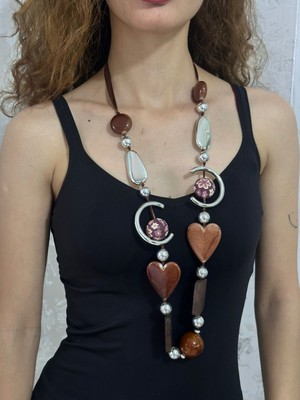 Gönülden Tasarım Çiçekli Cam Taşlı Kalpli Kadın Tasarım Kolye 44 cm