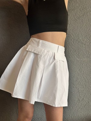 Gönülden Tasarım Beyaz Keten Pileli Cep Detaylı Beyaz Etek