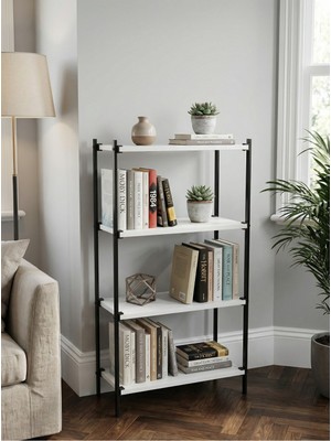 Macco Mobilya 4 Raflı Metal Çerçeveli Kitaplık Salon | Ofis | Çalışma Odası Modern Düzenleyici Raf