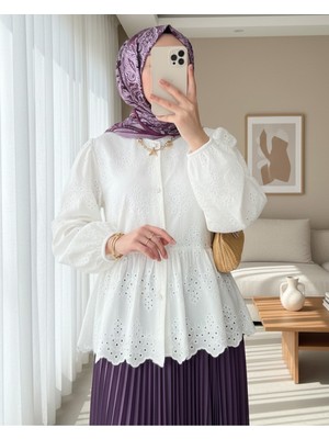 Moda Morfo Kolu Lastikli Ajurlu Düğmeli Astarlı Gömlek -Beyaz