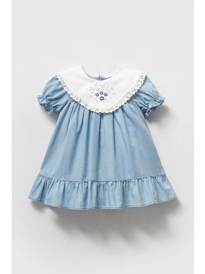 Cantoy Bebe Yakalı ve Çiçek Işlemeli Mavi Bebek Elbisesi