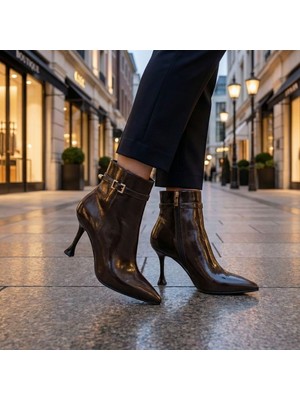 Çiğdem Kundura Eldra Yandan Fermuarlı Yüksek Topuklu Kadın Bot - Koyu Kahve - 37