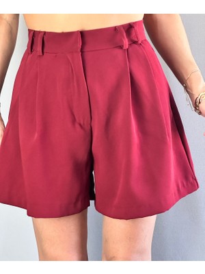 Gönülden Tasarım Bordo Pileli Yüksek Bel Kadın Viskon Cepli Şort