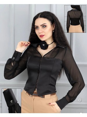 Uzun Kollu Tül Detaylı Crop Bluz