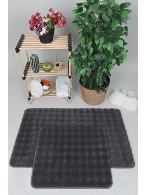 Sere Serpe Modern Bubble Yıkanabilir Kaymaz Peluş Banyo Paspası Halısı 2'li Klozet Takımı 60X100-50X60 Antrasit