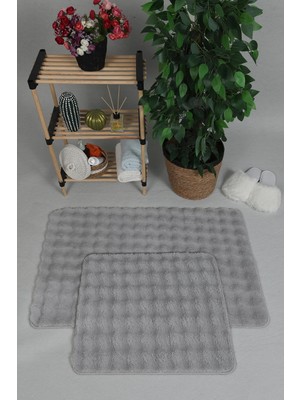 Sere Serpe Modern Bubble Yıkanabilir Kaymaz Peluş Banyo Paspası Halısı 2'li Klozet Takımı 60X100-50X60 Gri