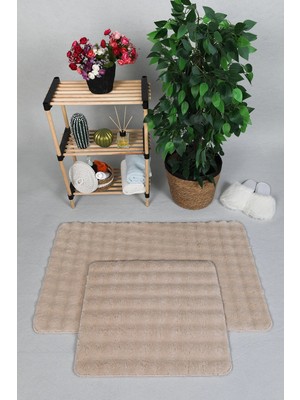 Sere Serpe Modern Bubble Yıkanabilir Kaymaz Peluş Banyo Paspası Halısı 2'li Klozet Takımı 60X100-50X60 Açık Bej