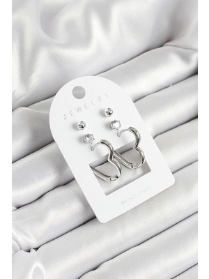 İlkyaz Fashion Pirinç Zirkon Taş ve Kalp Figürlü Gümüş Renk 3'lü Çift Kadın Küpe Set - TJ-BKP10644
