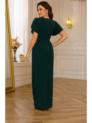 Deridün Yıldız Shoes Kadın Kısa Kollu Kruvaze Yakalı Belden Çiçek Aksesuarlı Yırtmaçlı Ithal Krep Elbise