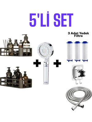 deyhome 5’li Set Yapışkanlı Duvar Organizer + Duş Başlığı + Örgülü Hortum + Yapışkanlı Askı + Yedek Filtre