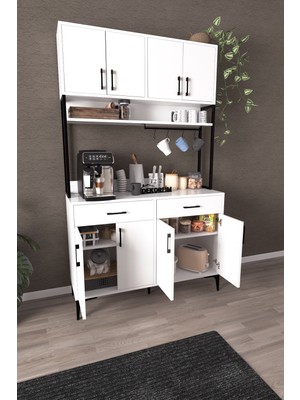 Dekorfim DF14104B Kahve Köşesi Mutfak Dolabı Coffee Bar Standı Raflı Kapaklı Çekmeceli Çok Amaçlı Konsol Beyaz