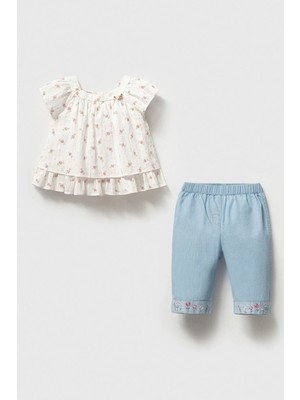 Cantoy Gül Desenli Grogren Detaylı Bluz ve Nakışlı Jean Takım