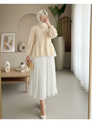 Modamorfo Kolu Lastikli Ajurlu Düğmeli Astarlı Gömlek -Bej