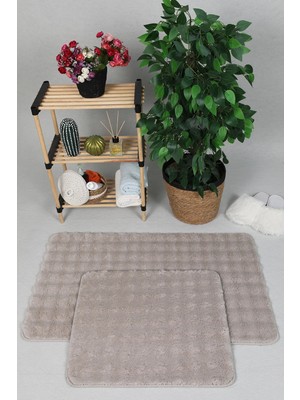 Sere Serpe Modern Bubble Yıkanabilir Kaymaz Peluş Banyo Paspası Halısı 2'li Klozet Takımı 60X100-50X60 Bej