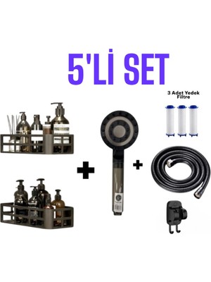 deyhome 5’li Set + Masajlı Filtreli Duş Başlığı +Yapışkanlı Duvar Organizer + Örgülü Hortum + Yapışkanlı Askı + 3 Adet Yedek Filtre