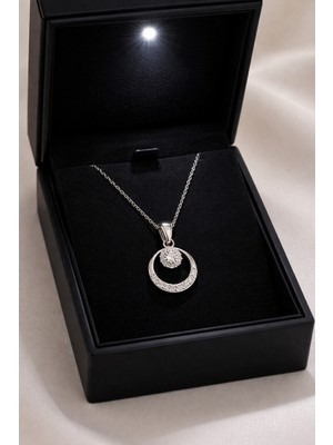 Siset Gümüş 925 Ayar Rodyum Kaplama Tek  Taşlı  Yuvarlak  Lava  Model  Gümüş  Kolye