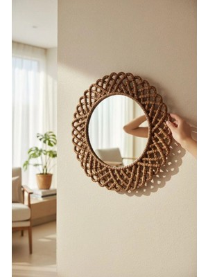 Home İnn Hasır Görünümlü Dekoratif Duvar Aynası 33 cm – Rustik & Bohem Ev Dekorasyon Aksesuarı