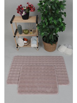 Sere Serpe Modern Bubble Yıkanabilir Kaymaz Peluş Banyo Paspası Halısı 2'li Klozet Takımı 60X100-50X60 Pembe