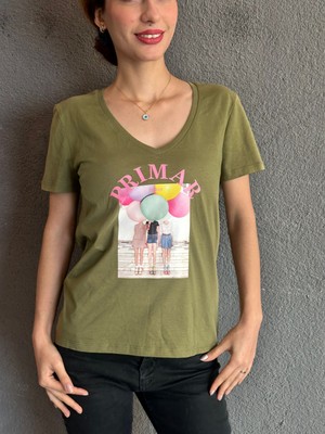 Gönülden Tasarım Balon Baskılı Yeşil Kadın Tişört S Beden