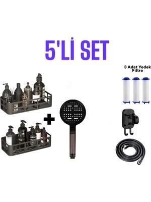 deyhome 5’li Set Yapışkanlı Duvar Organizer + Duş Başlığı + Örgülü Hortum + Yapışkanlı Askı + Yedek Filtre