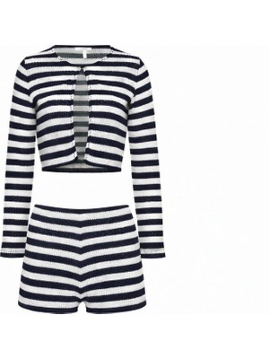 Aquella Triko Lacivert Beyaz Çizgili Hırka-Şort Takım